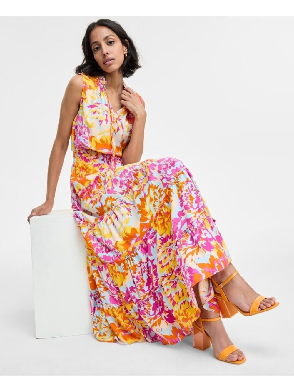 MSK Women's Rayon Floral Ruffle-Collar Tiered Maxi Dress Pink Orange Size L $79 - Picture 4 of 6